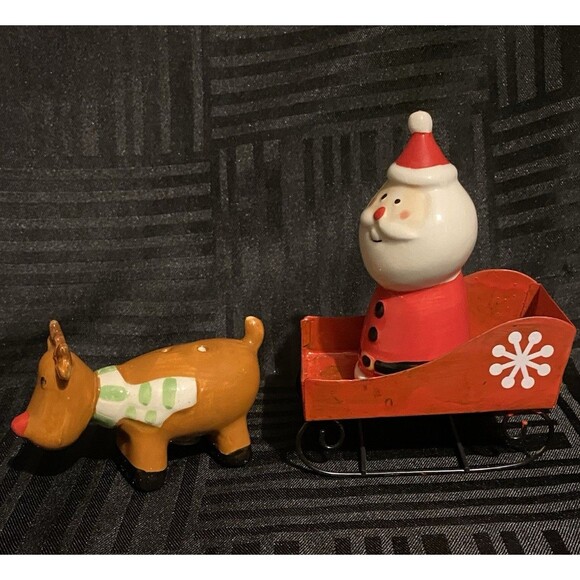 Vintage Holly Jolly Christmas Santa and Reindeer Salt and pepper Shakers - Picture 1 of 7
